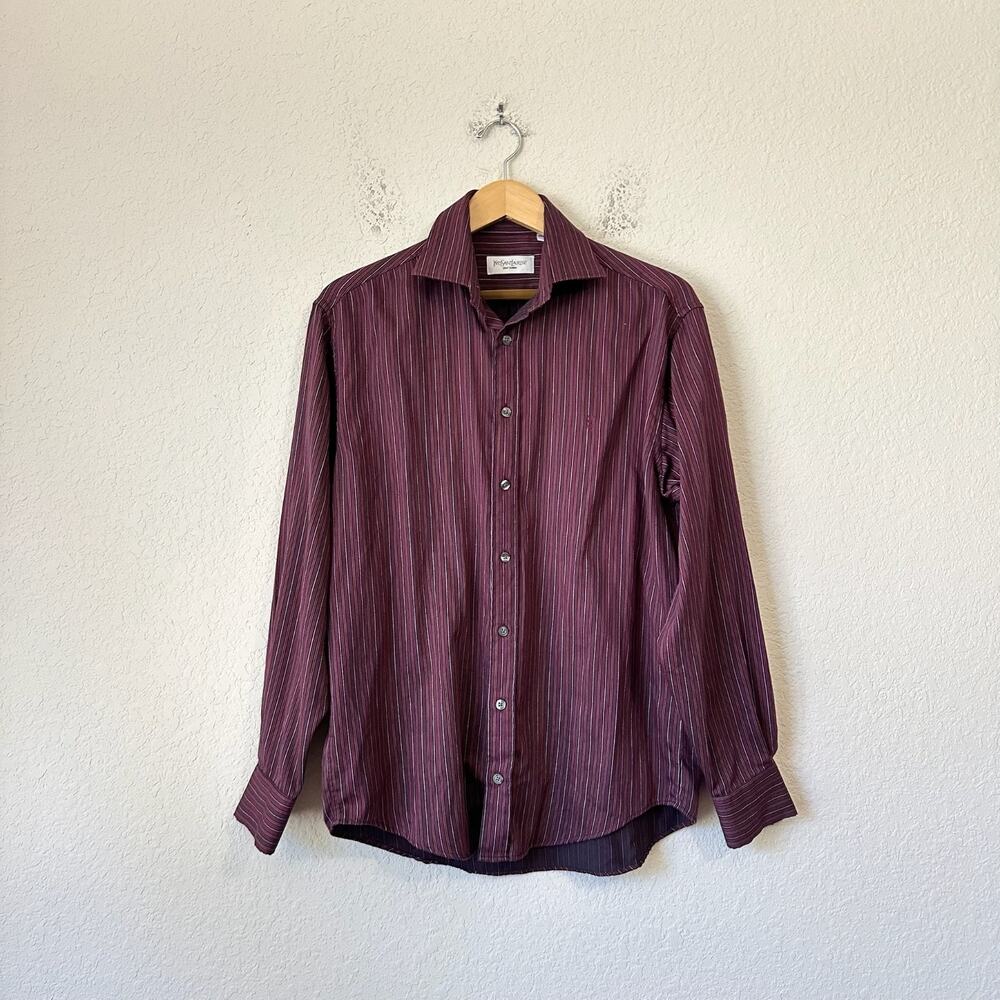 YSL YVES SAINT LAURENT Shirt Burgundy Striped Long Sleeve Luxury Office